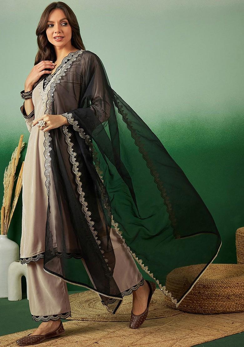 Beige Embroidered Blended Kurta Set - Indya