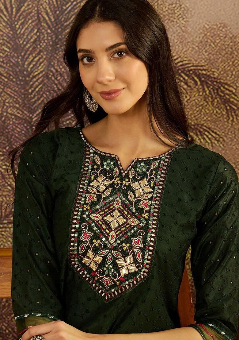 Green Embroidered Blended Kurta Set - Indya