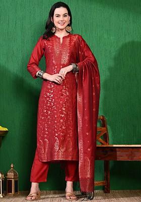 Red Woven Design Blended Kurta Set