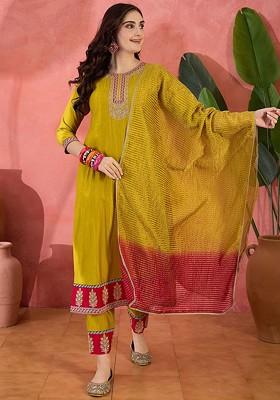 Mustard Embroidered Blended Kurta Set