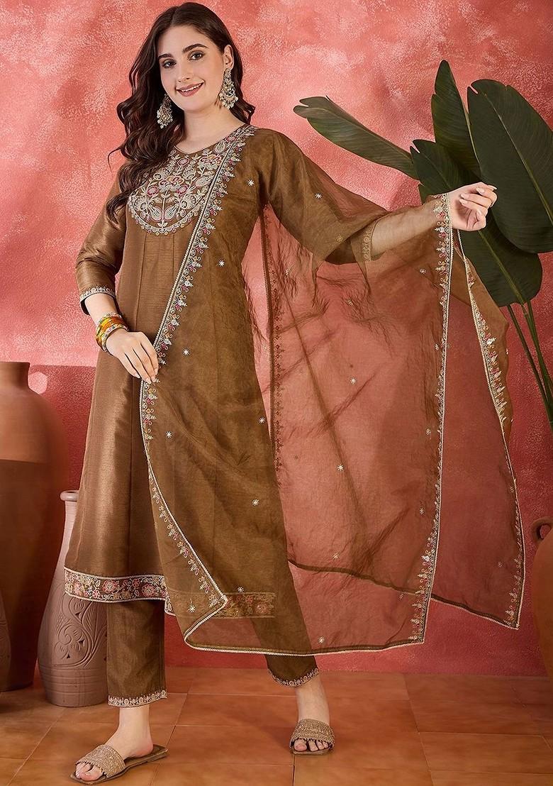 Brown Yoke Design Blended Kurta Set - Indya