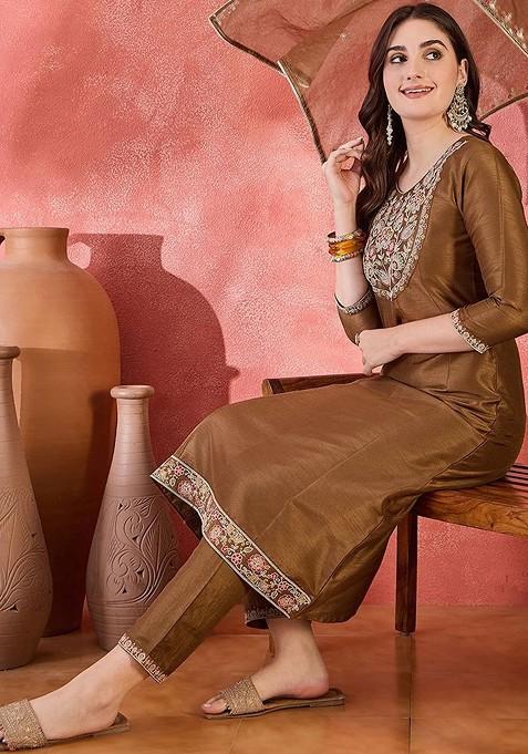 Brown Yoke Design Blended Kurta Set