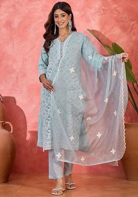 Blue Embroidered Blended Kurta Set