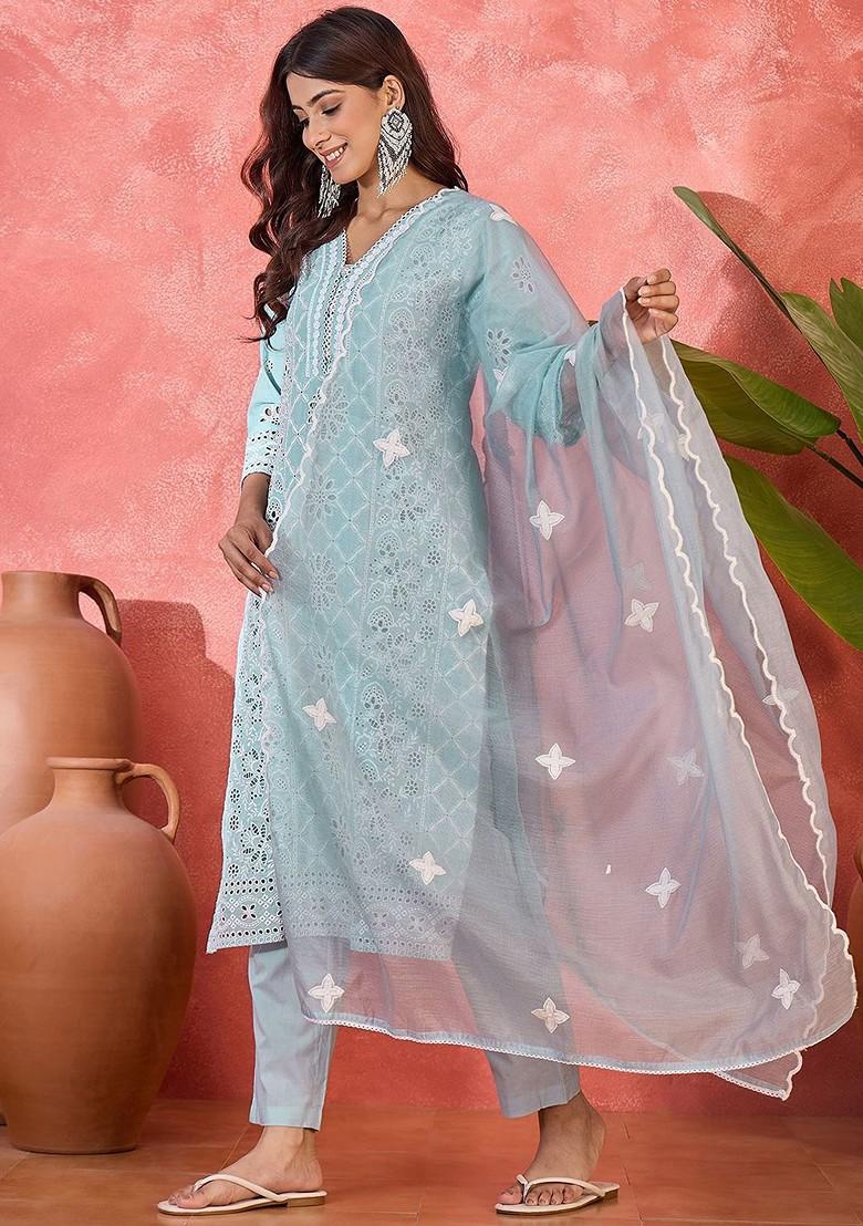 Blue Embroidered Blended Kurta Set - Indya