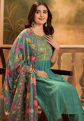Turquoise Blue Embroidered Blended Kurta Set