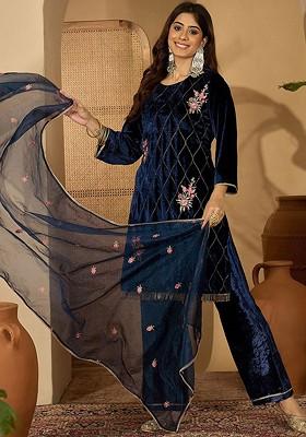 Blue Embroidered Blended Kurta Set