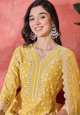 Mustard Embroidered Blended Kurta Set