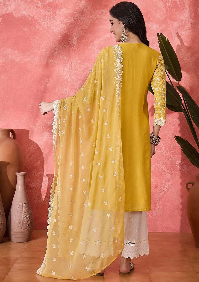 Mustard Embroidered Blended Kurta Set - Indya