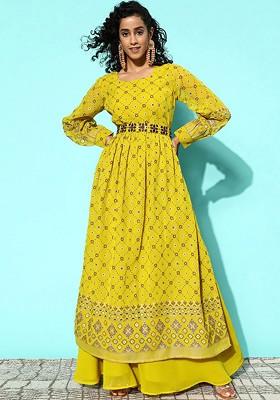 Lime Green Printed Blended Kurta Set