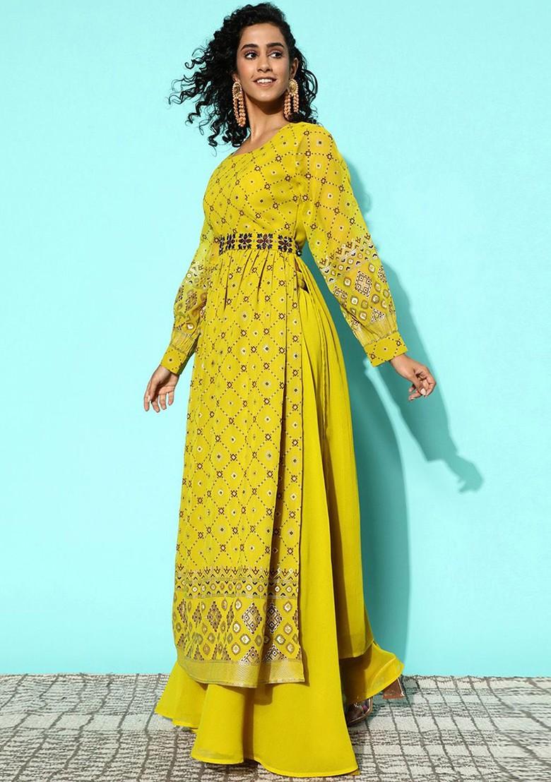 Lime Green Printed Blended Kurta Set - Indya