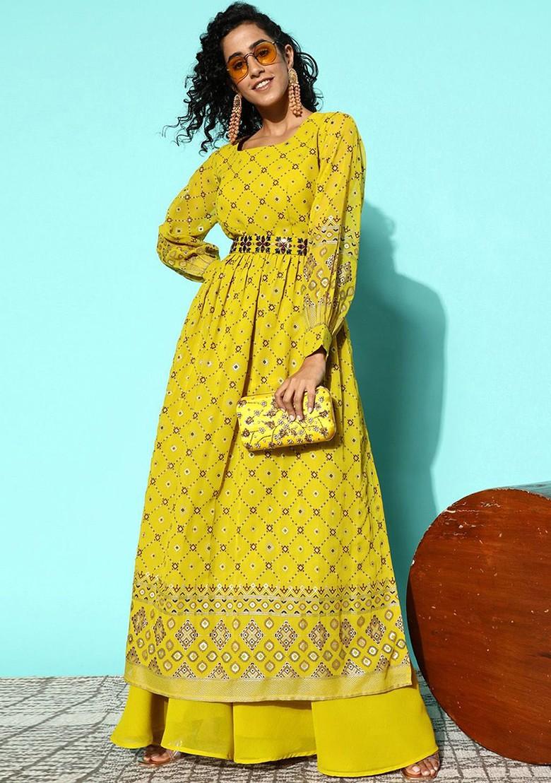 Lime Green Printed Blended Kurta Set - Indya