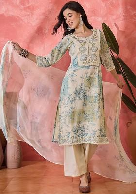 Beige Yoke Design Blended Kurta Set