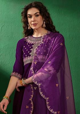 Purple Embroidered Blended Kurta Set
