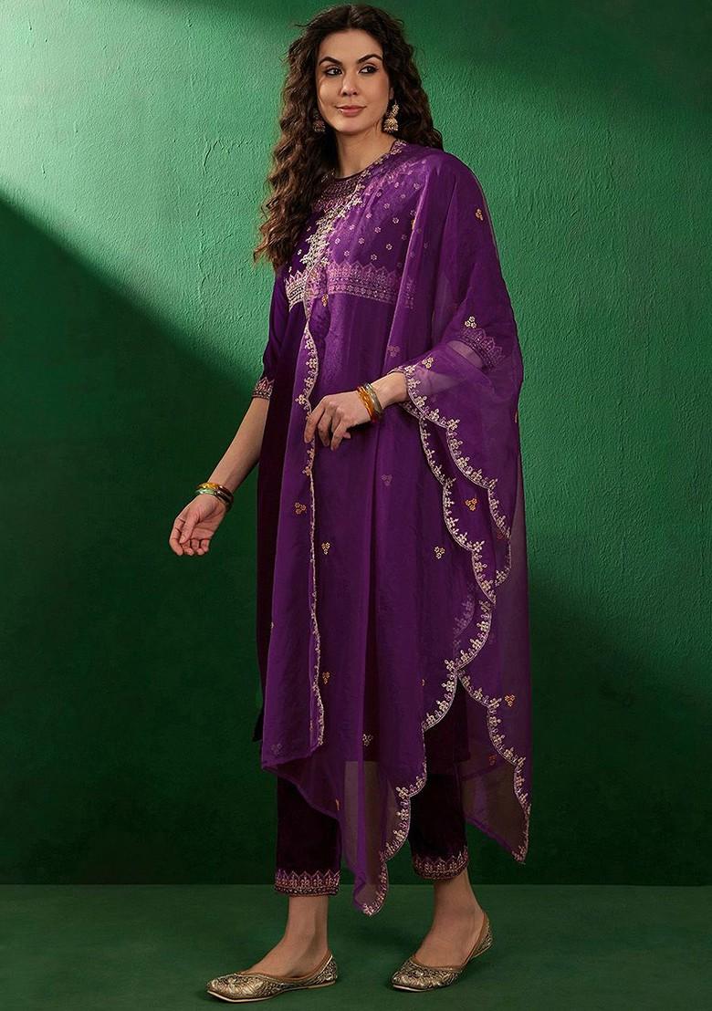 Purple Embroidered Blended Kurta Set - Indya