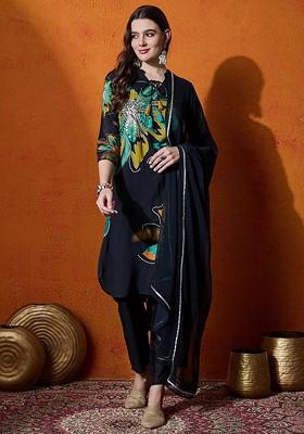Black Embroidered Blended Kurta Set