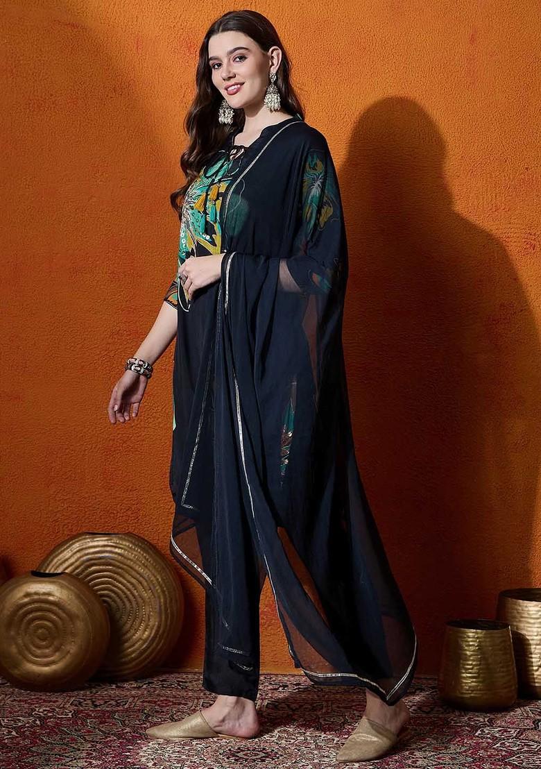 Black Embroidered Blended Kurta Set - Indya