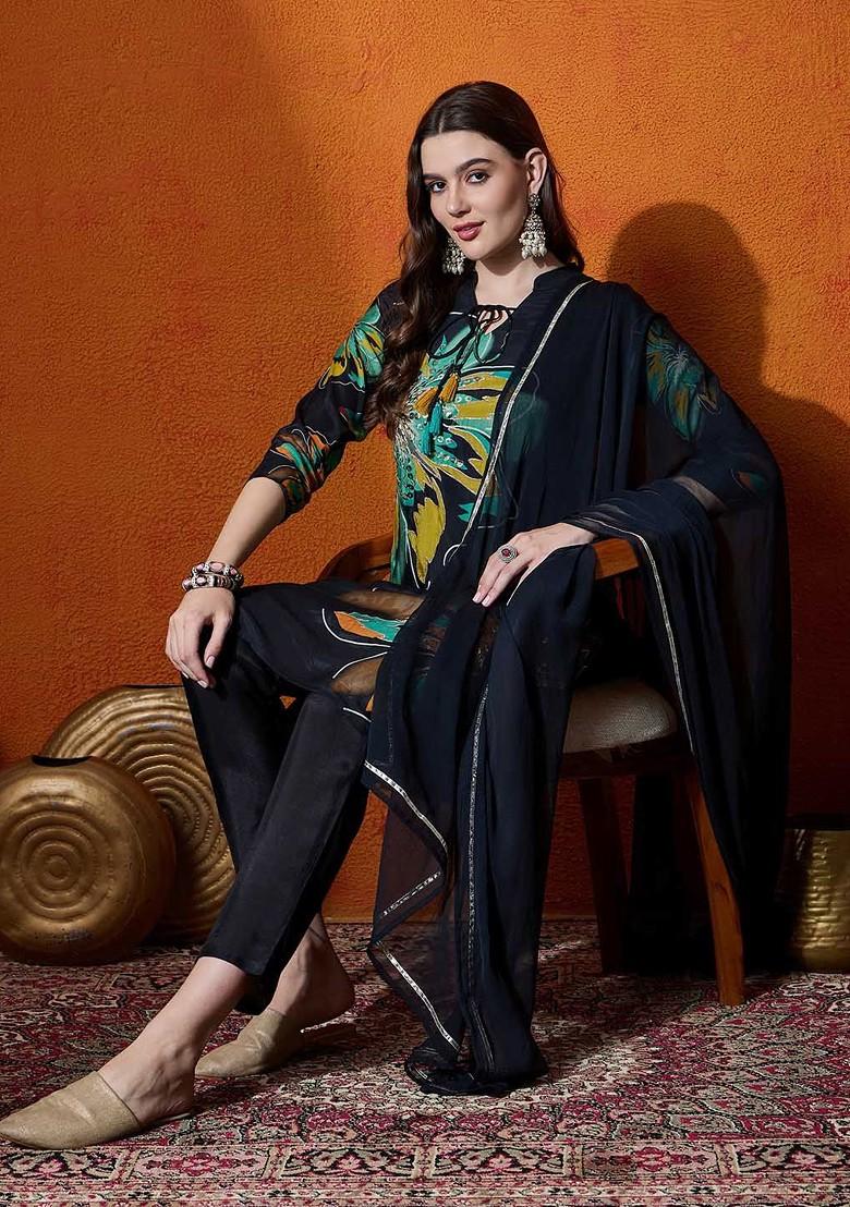 Black Embroidered Blended Kurta Set - Indya