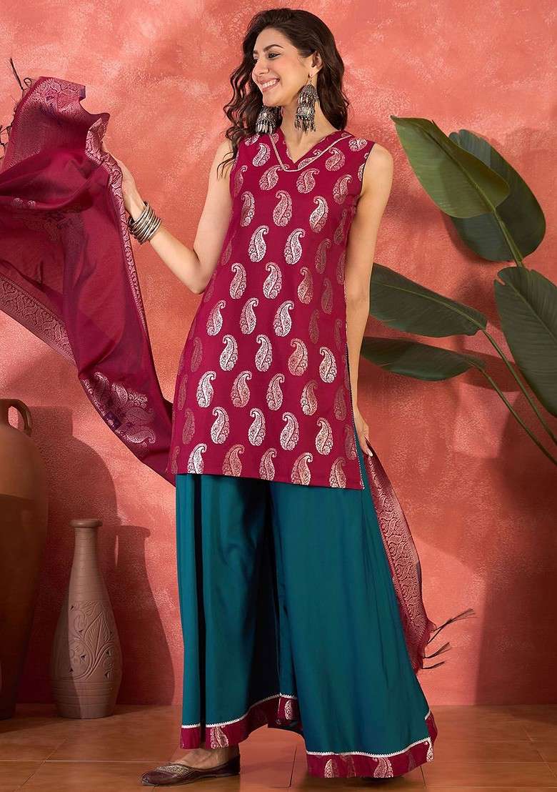 Pink Printed Blended Kurta Set - Indya