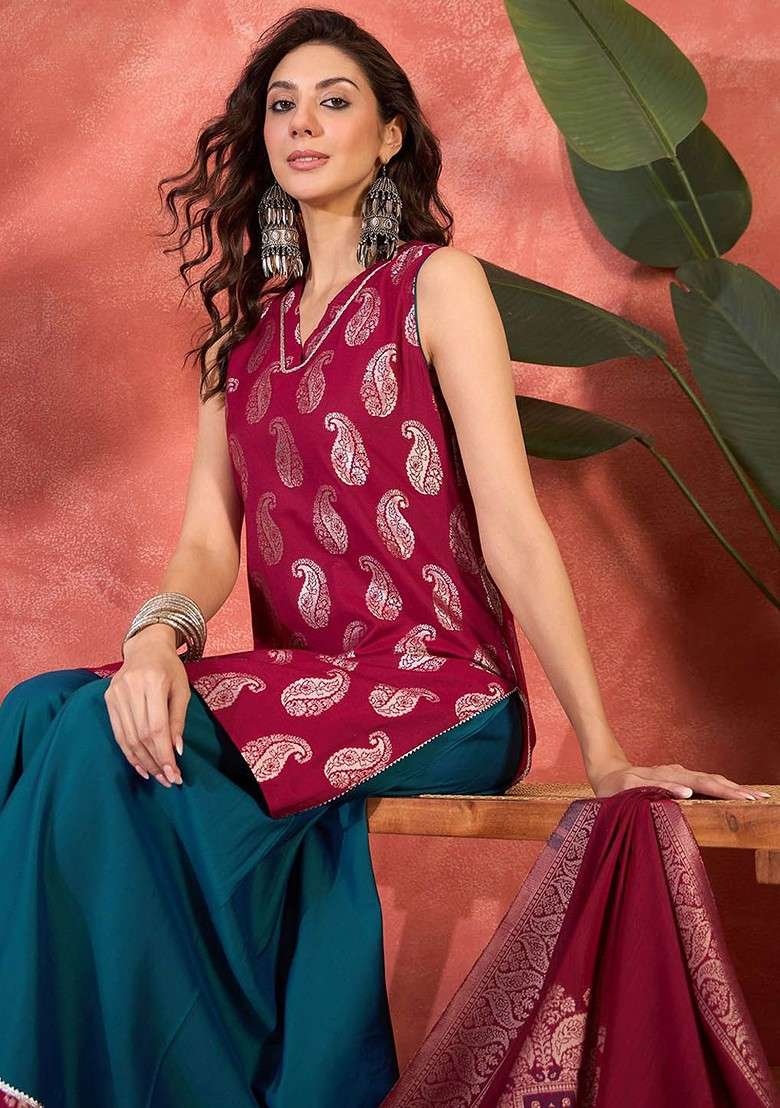 Pink Printed Blended Kurta Set - Indya