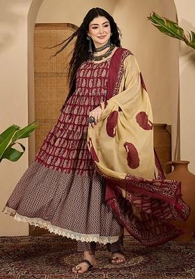 Maroon Printed Blended Kurta Set