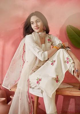 Off White Embroidered Blended Kurta Set