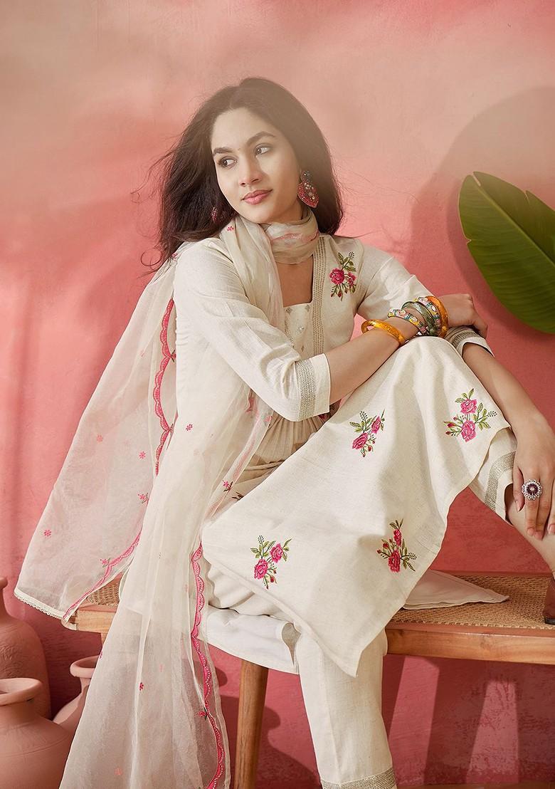 Off White Embroidered Blended Kurta Set - Indya