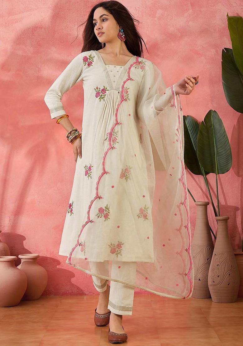 Off White Embroidered Blended Kurta Set - Indya