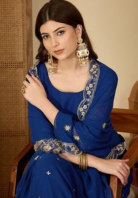 Blue Sequence Work Blended Kurta Set