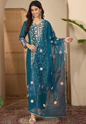 Teal Embroidered Blended Kurta Set