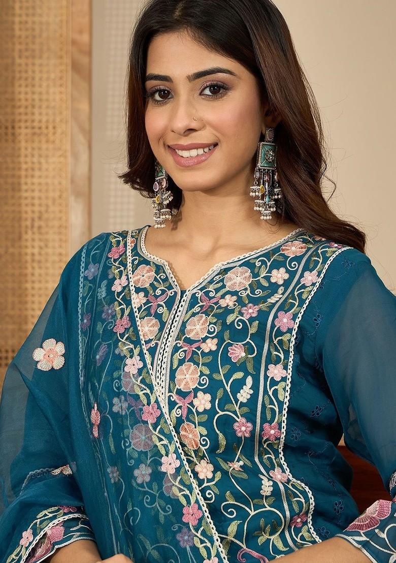 Teal Embroidered Blended Kurta Set - Indya