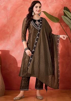 Brown Sequinned Blended Kurta Set