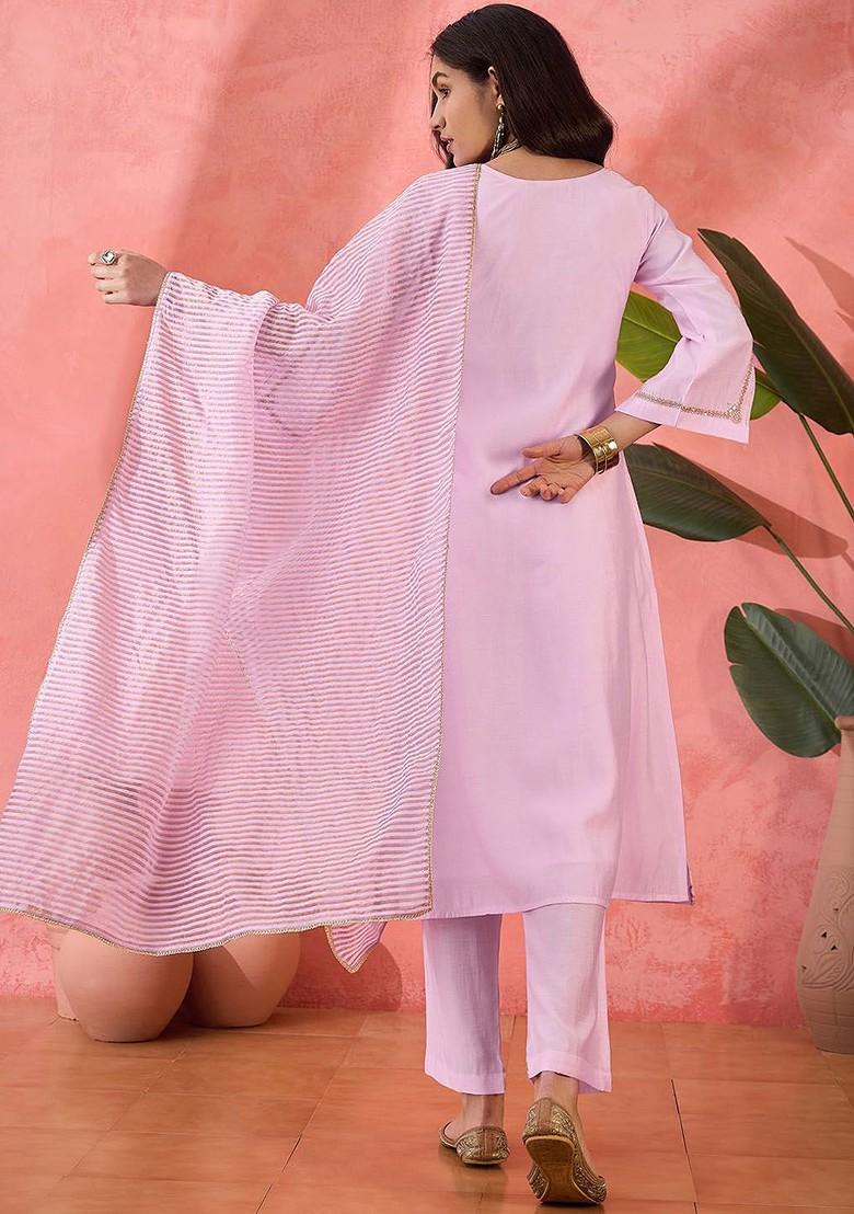 Pink Embroidered Blended Kurta Set - Indya