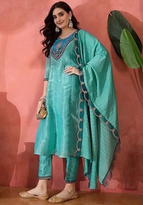 Turquoise Blue Embroidered Blended Kurta Set