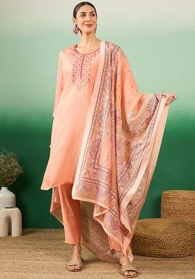 Peach Embroidered Blended Kurta Set