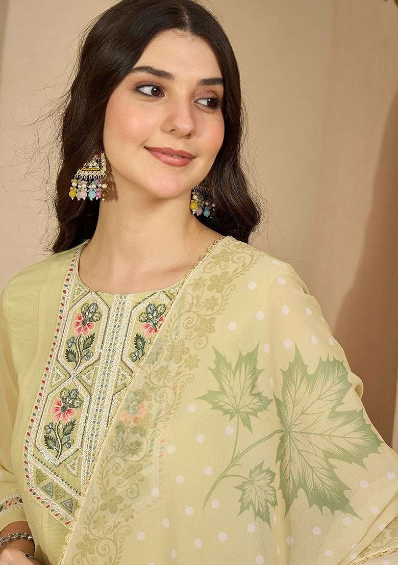 Lime Green Embroidered Blended Kurta Set - Indya