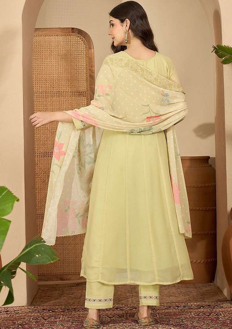 Lime Green Embroidered Blended Kurta Set - Indya