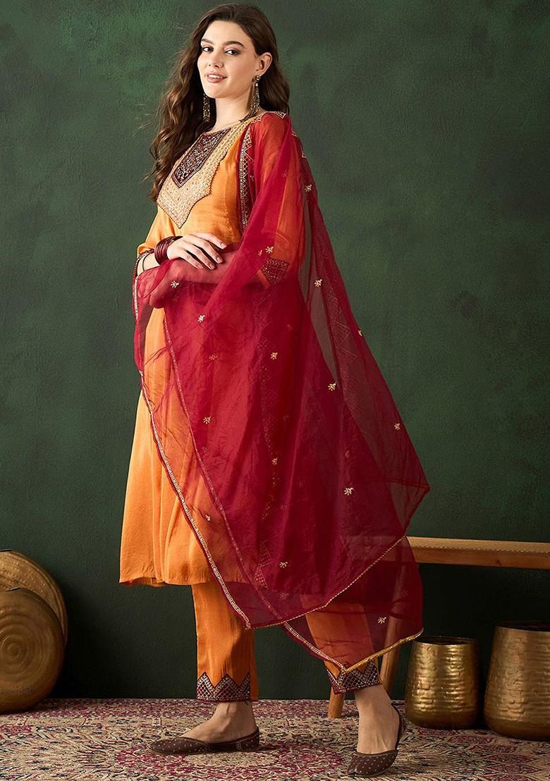 Orange Sequence Work Blended Kurta Set - Indya