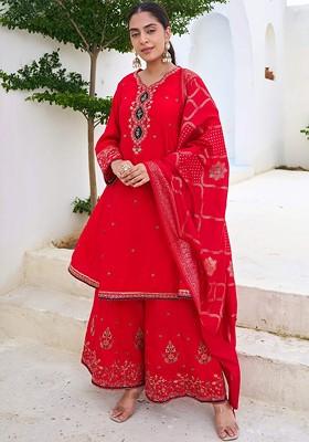 Red Embroidered Blended Kurta Set