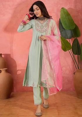 Green Sequinned Blended Kurta Set