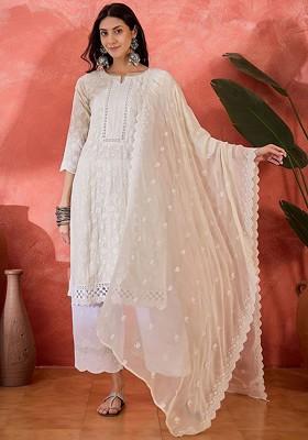 Cream Embroidered Blended Kurta Set