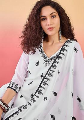 White Embroidered Blended Kurta Set