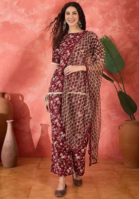 Maroon Printed Blended Kurta Set