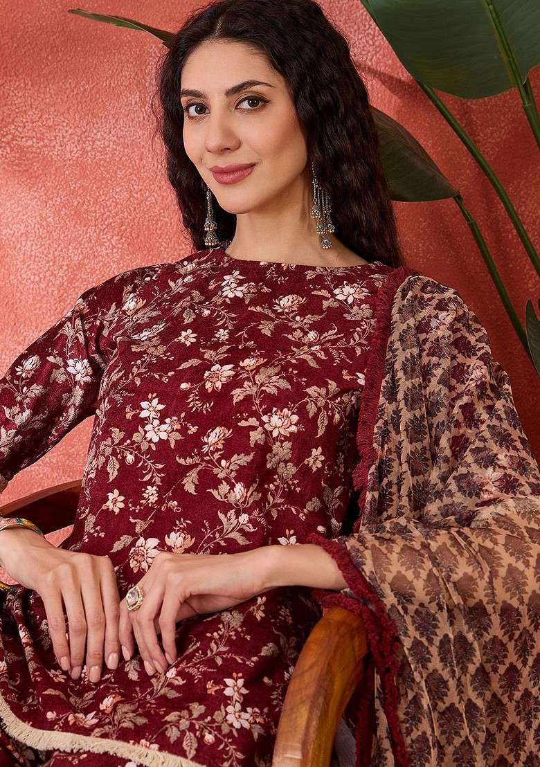 Maroon Printed Blended Kurta Set - Indya