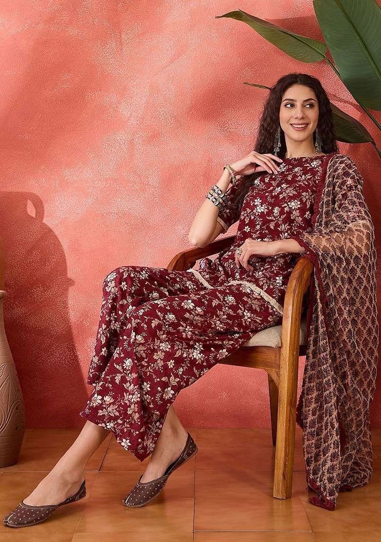Maroon Printed Blended Kurta Set - Indya