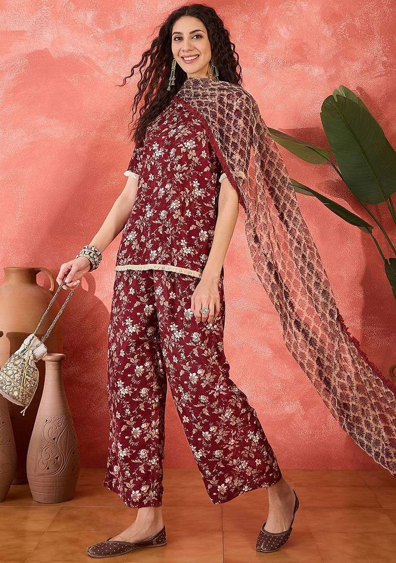 Maroon Printed Blended Kurta Set - Indya