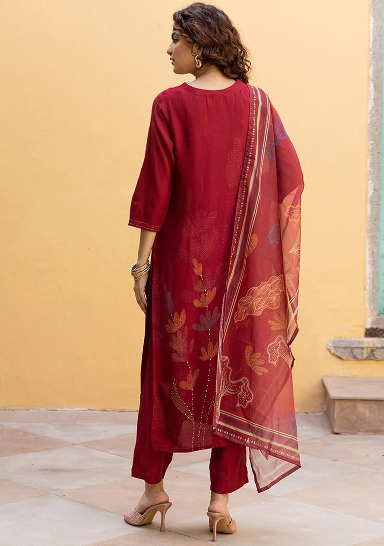 Maroon Printed Blended Kurta Set - Indya
