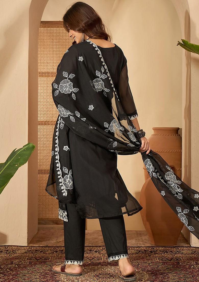 Black Embroidered Blended Kurta Set - Indya