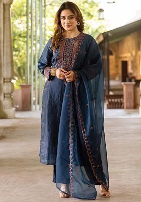 Teal Embroidered Blended Kurta Set