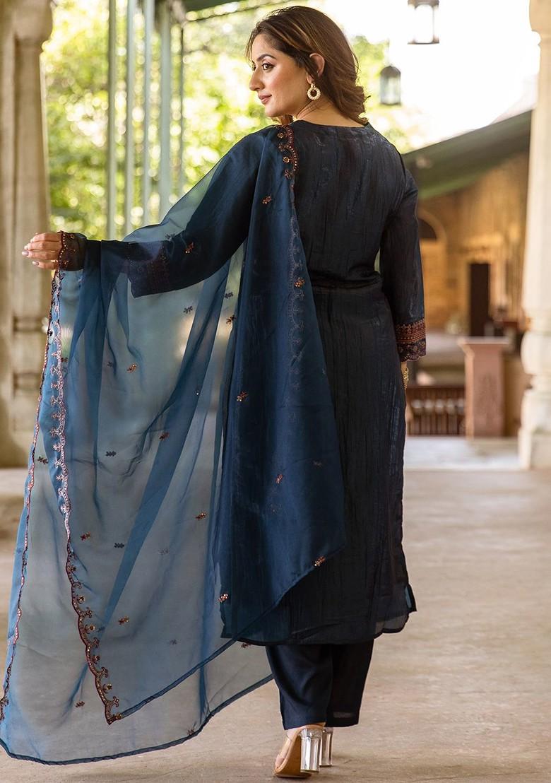 Teal Embroidered Blended Kurta Set - Indya