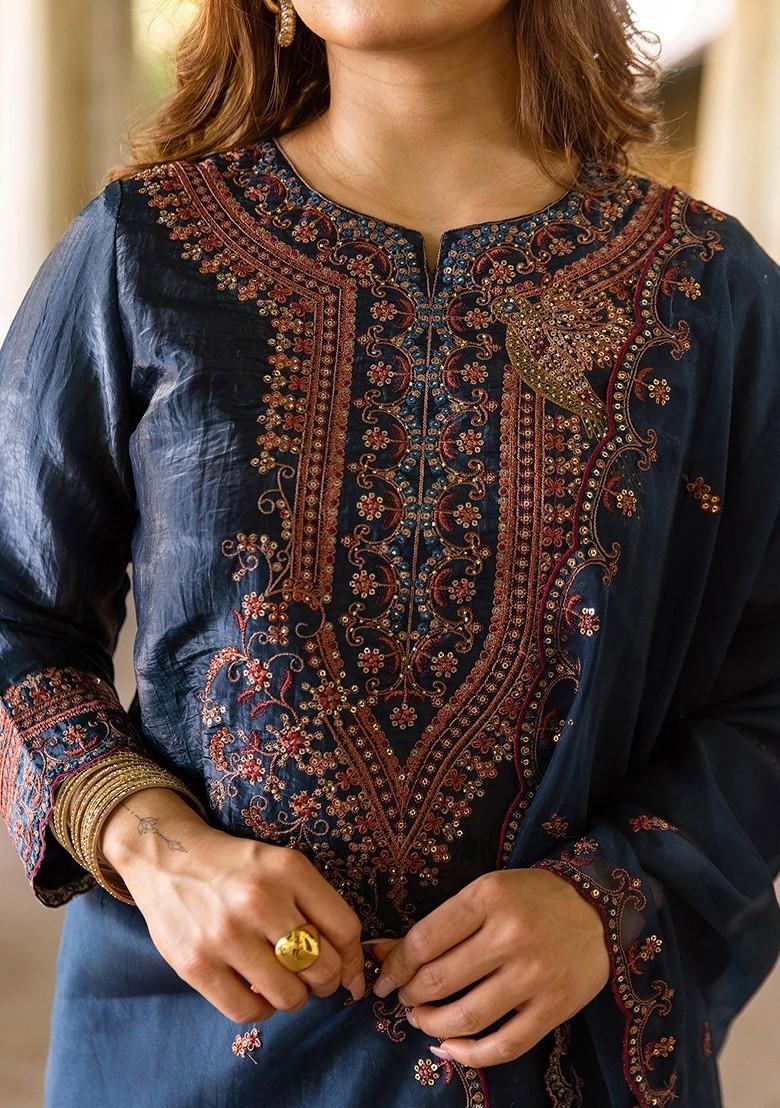 Teal Embroidered Blended Kurta Set - Indya